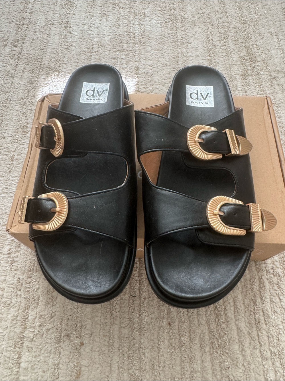 DV by Dolce Vita Black Sides Sandals with Gold Buckle Accent